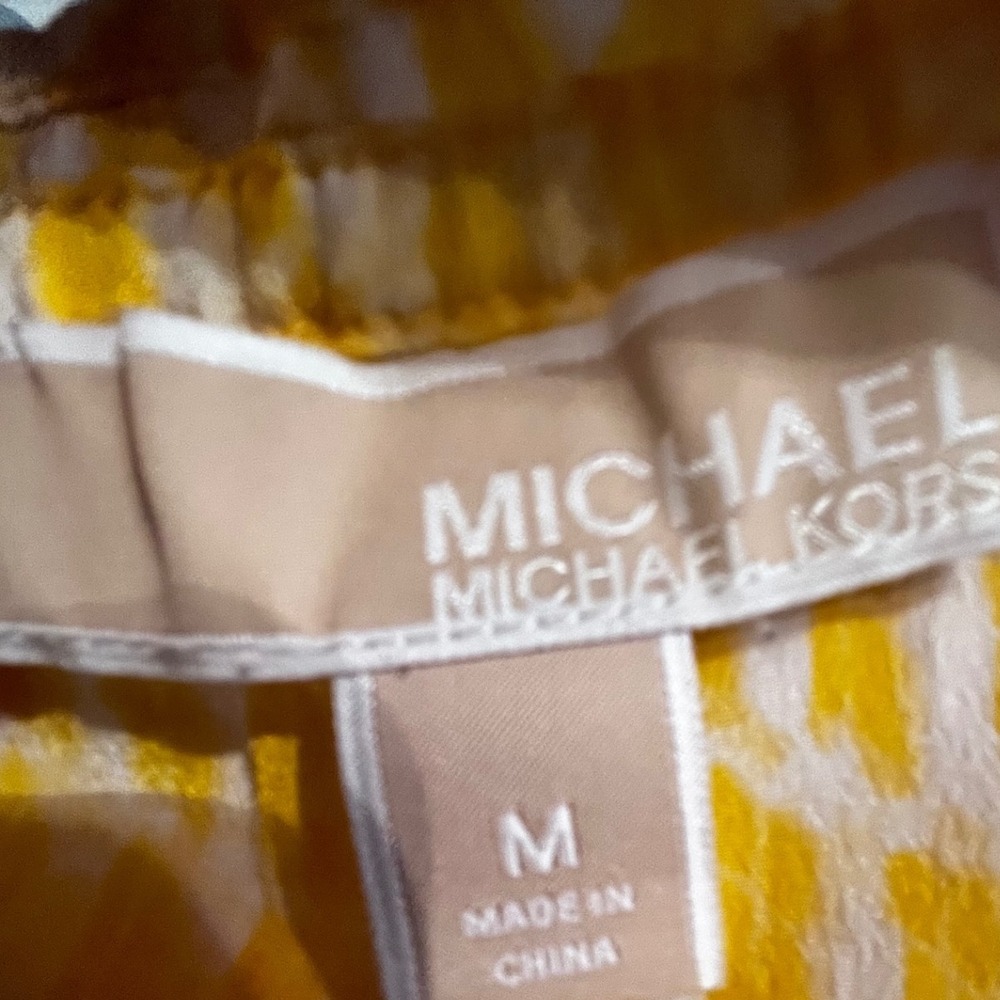 MICHAEL KORS Yellow White Abstract Print Smocked Waist Top M - Picture 3 of 4